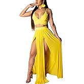 EOSIEDUR Women's Chiffon Bohemian Floral Printed 2 Piece Sets Crop Cami Top & Split Beach Party Maxi Dress