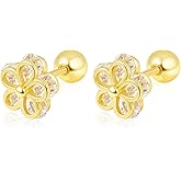 THOKUNA 18K Gold Plated Sterling Silver Cubic Zirconia Screw Back Small Trendy Dainty Cute Flower Stud Earrings for Women with Jewelry Rose Box