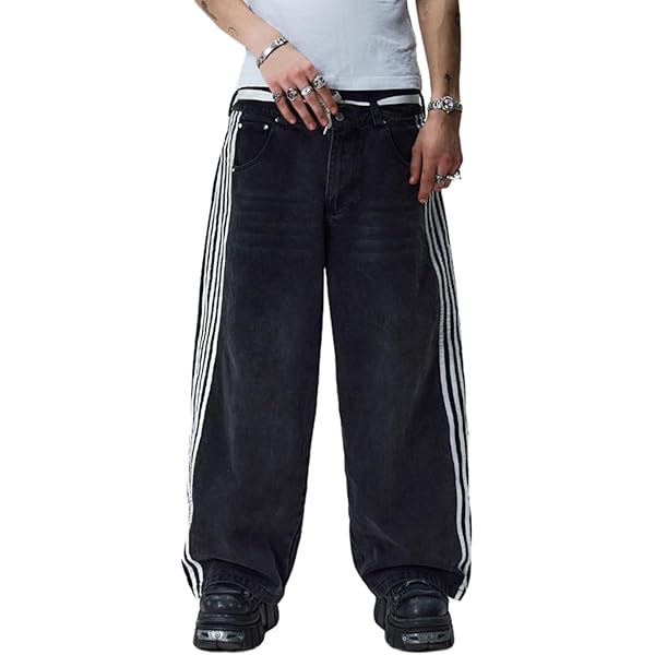 Doloame Women Wide Leg Denim Pants Low Waist Side Stripe Print