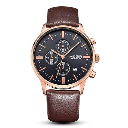 MEGIR Mens Calendar Date Leather Chronograph Quartz Sport Wrist Watch with GORBEN Box
