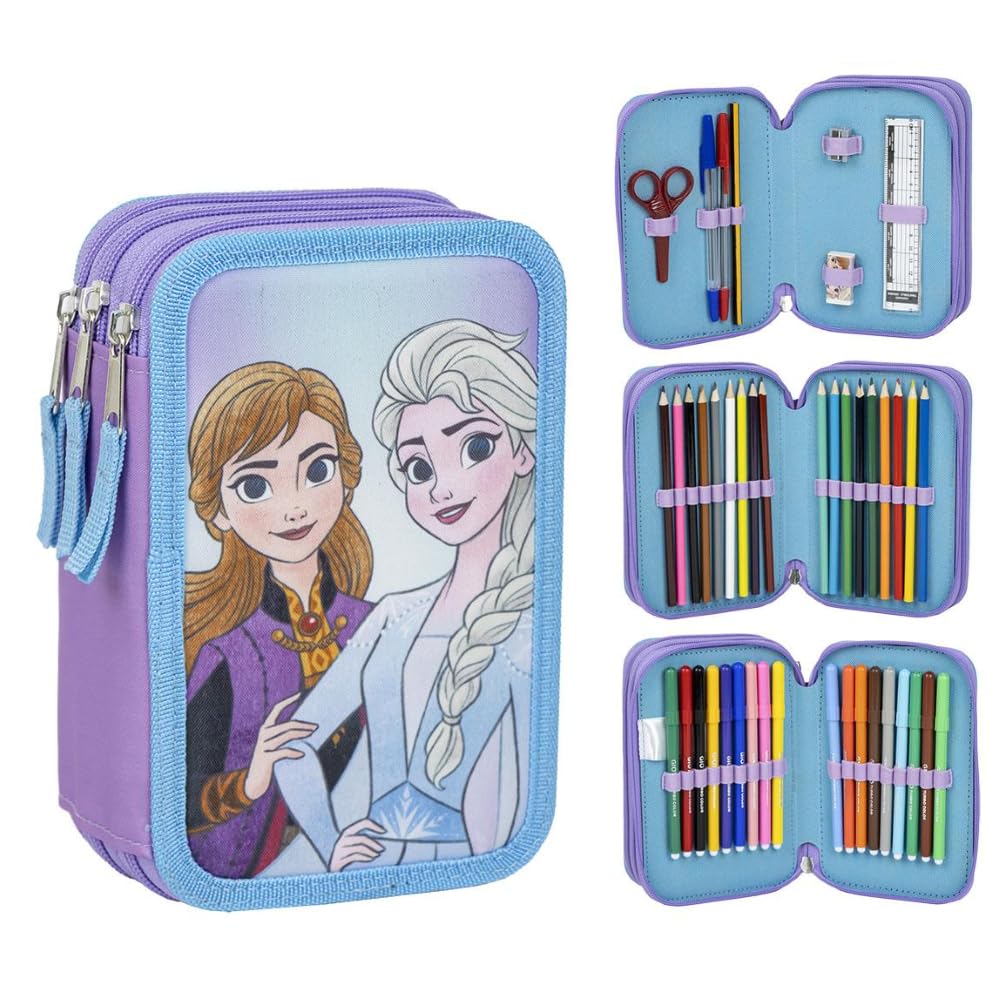 CARTOON Multi-compartment pencil case with 3 zips for complete school pens, pencils, coloured felt-tip pens, Frozen (1), 20 x 13 x 19.5 cm, Compact and colourful with Frozen characters