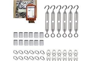 Ingpro 316 Stainless Steel Turnbuckle Kit,Wire Rope/Cable Tensioner, 6-Pcs M5 Hook & Eye Turnbuckle, 12-Pcs M3 Wire Rope Clip Clamp, 12-Pcs M3 Thimble, 12-Pcs M3 Aluminum Sleeve for 1/8 Inch Wire Rope