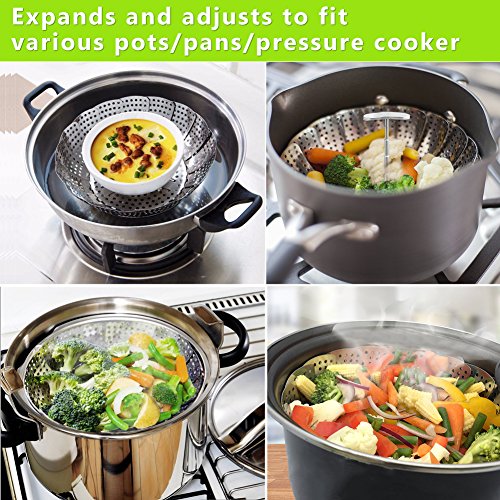 Vegetable Steamer Basket Stainless Steel Steamer Insert for Steaming Veggie Food Seafood Cooking, Metal Handle and Foldable Legs, Collapsible to Fit Various Pot Pressure Cooker, 5.3" Extends to 9.5" - Thumbnail 2