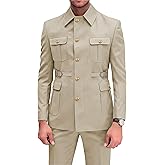 CYANDUSTY Chinese Suit for Men Stand Collar Safari Suits 2 Piece Slim Fit Wedding Party Gold Button Blazer Pant Set