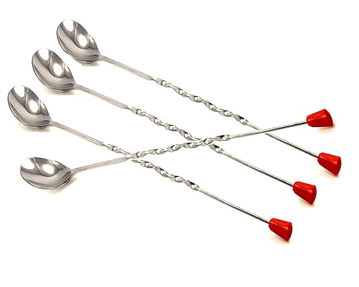 Kitchen Delli 100% Stainless Steel Bar Tool | Bar Accessories | 11 inches Curvy Design with red knob bar Cocktail Spoon | Bar Spoon | Long Spoon | Cocktail Mixer | Set of 4 Pieces
