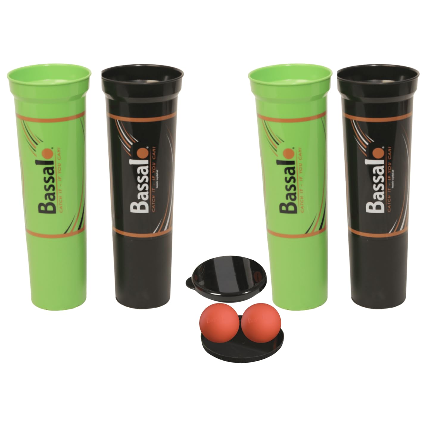 BASSALO Cupball - Family Set for 4 Players - Outdoor Ball Sports Game for Children, Teens and Adults - 4 Cups, 2 Balls