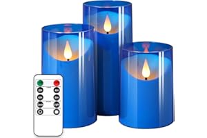 NURADA Flameless Candles: LED Pillar Acrylic Battery Candles with Remote and Timer for Wedding Party Romantic Decor - Pack of 3 Blue