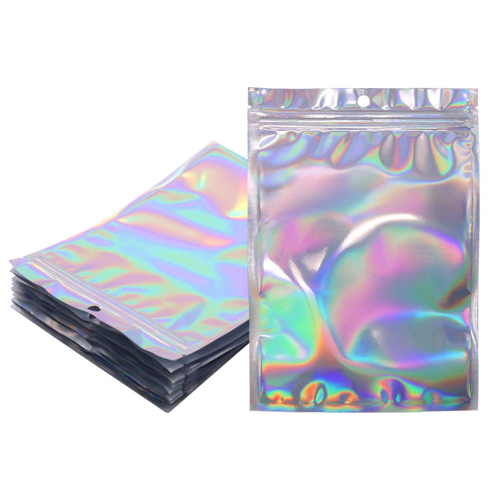 100pcs Holographic Foil Bags Sealable ZipLock 14 x 19.8 cm, Resealable Mylar Sample Pouch Gift Baggies for Candy Snack Jewelry Lash Lip Gloss