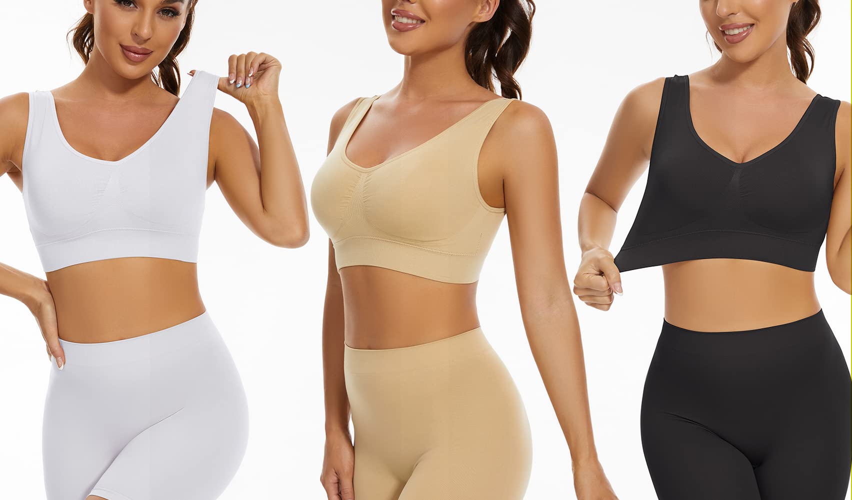 Lemef 3-Paquet soutiens-Gorge de sans Couture Sport Yoga sans Armature avec coussinets amovibles Pour Femmes, Black&white&nude, XL