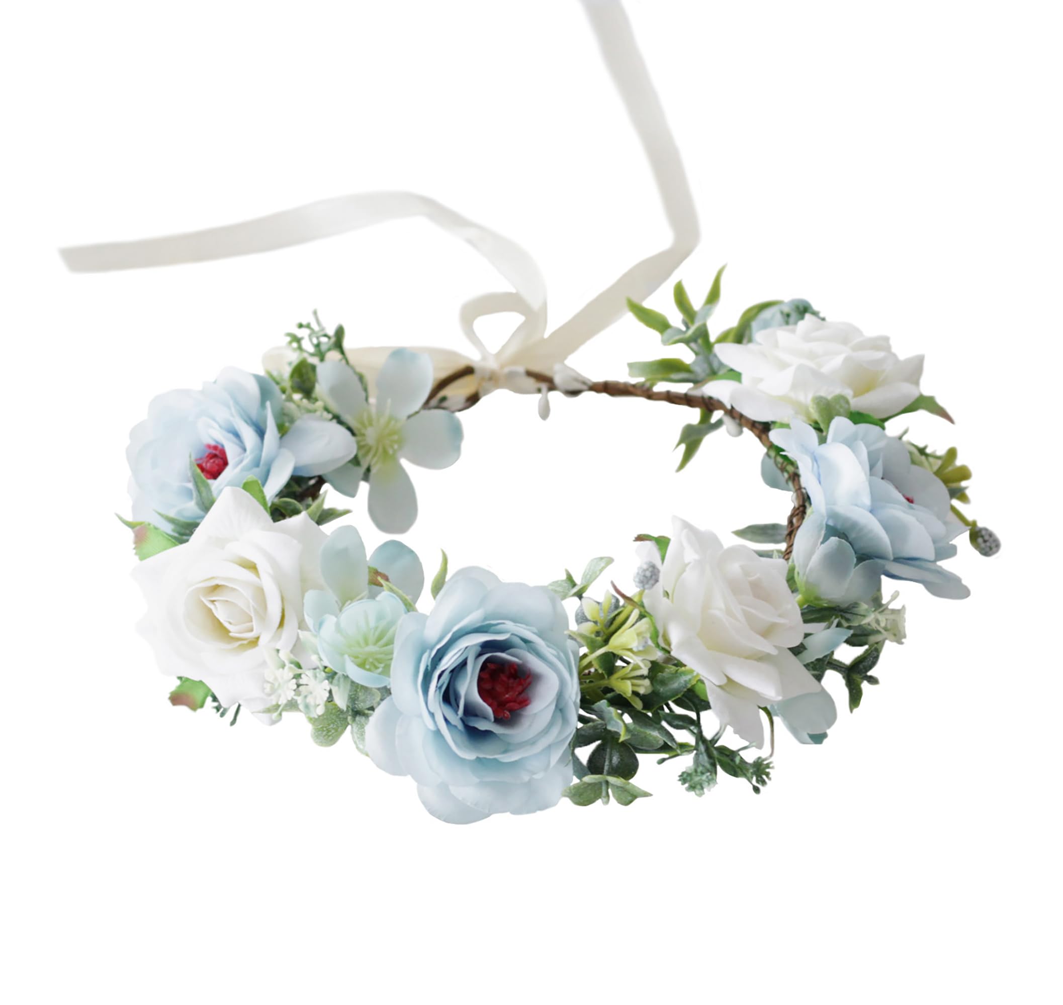 Brikuinr Floral Halo Crown Wreath Bride Flower Headband Hair Wreath Floral Headpiece Boho with Ribbon Wedding Party Festival โ image 1