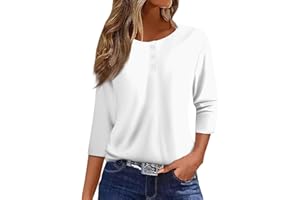 NUMALLER 3/4 Sleeve Tops for Women Fall Henley Crew Neck T Shirts Button Three Quarter Length Blouses Dressy Cute Shirts