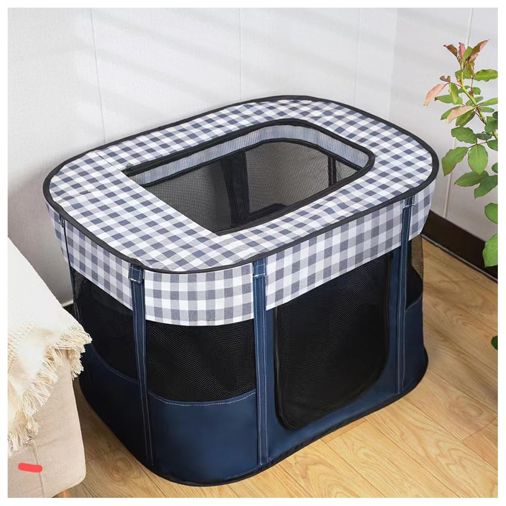 Foldable Pet Playpen Portable Kennel Cage for Puppy Dog Kitten Cat, Indoor/Outdoor Pop up Pet Tent Fence (M, Blue Grid)