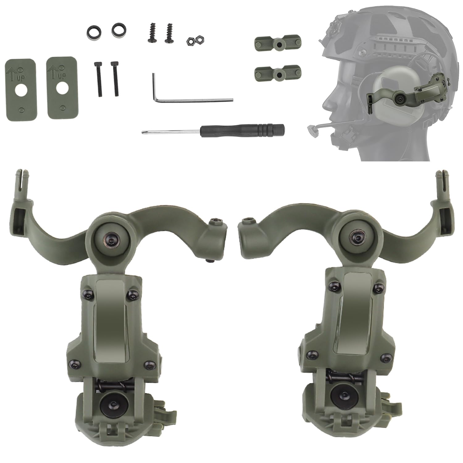 Gunyoo Tactical Helmet Arc Rail Adapter Tactical Pickup Headset, Multi-Angle Rotation, Noise Cancellation, Spring-Loaded Headset Holder, For Ops Core Arc Team Wendy M-Lok (Green)