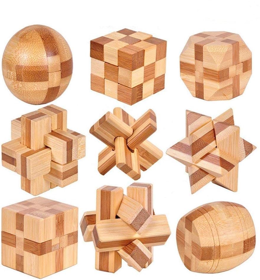 YGZN 9pcs Wooden Blocks Brain Teaser Puzzles Set 3D Interlocking Wood Jigsaw Games - IQ Challenge Toy Mind Game Gift Set for Kids and Teens (Wooden Puzzles 9Set)