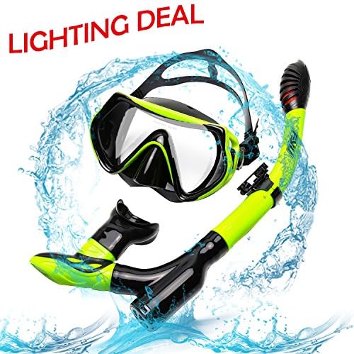 FYU Snorkel Set with Tempered Glass Dry Top Snorkel Set/Anti-Fog Lens/Silicone Mouthpiece for for Adults Womens Mens