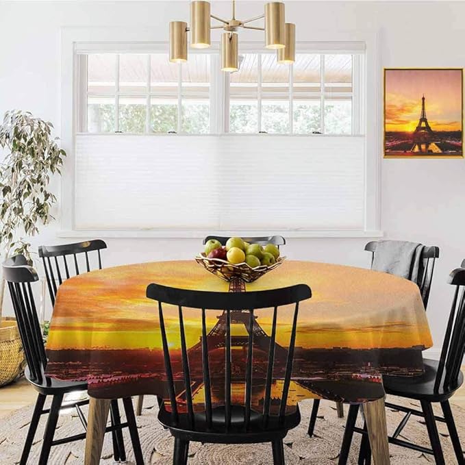 Amazon Com Diameter 60 Round Tablecloth View Of Eiffel Tower At Sunrise Paris Historical Monument Panoramic Marigold Rose Brown Dust And Washable Tablecloths In The Dining Room And Kitchen Home Kitchen