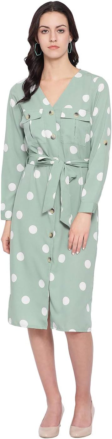 Women's V Neck Long Sleeve Polka Dot Dress (White)