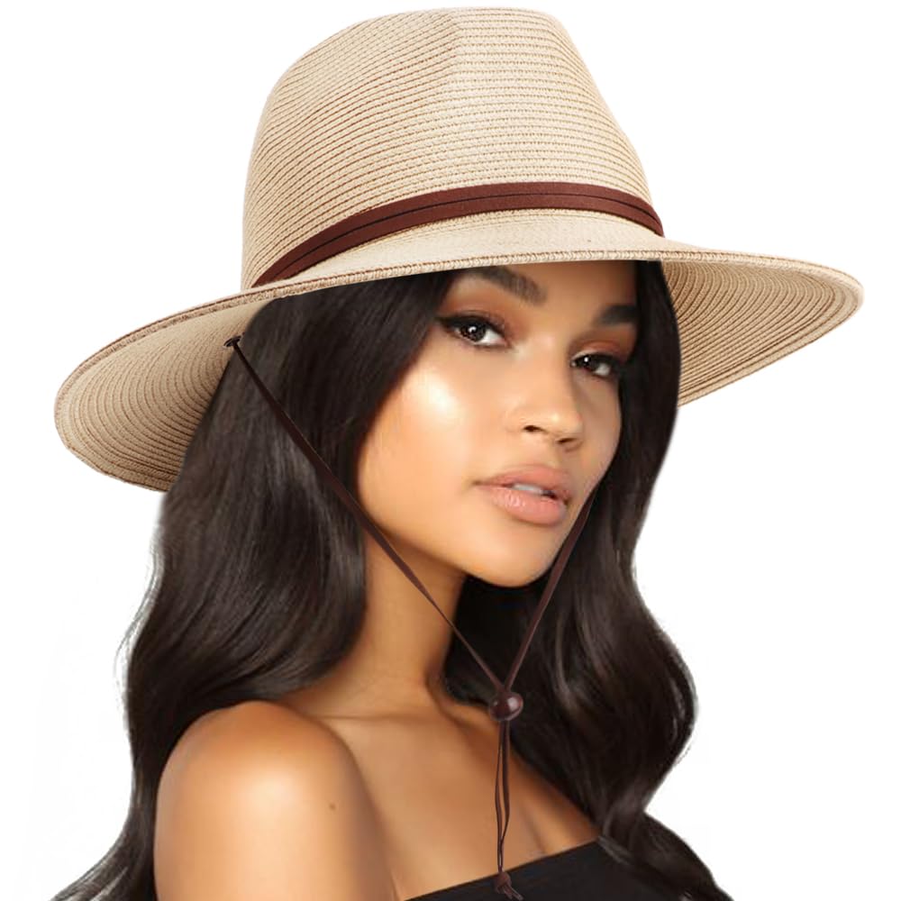 Photo 1 of AQOKKA Summer Straw Fedora Hat for Women Men Travel Panama Hat with Wide Brim Roll Up Sun Hat for Beach Outdoor UPF 50+