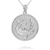 Claddagh Gold Bold .925 Sterling Silver Roaring Tiger Head Medallion Round Charm Pendant Necklace with Rolo Chain