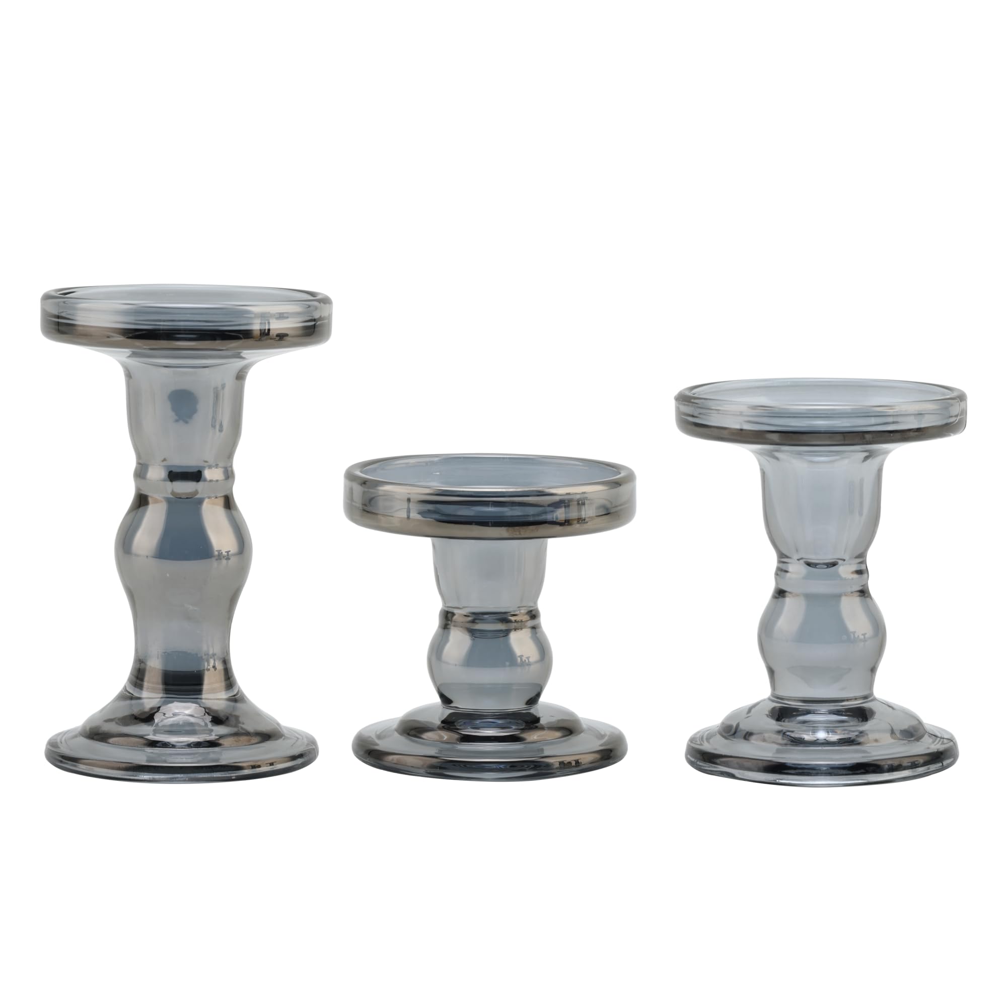 Gray Glass Candle Holder Set, QENUIITEA Set of 3 Clear Candlesticks Holders Pillar Taper Candles Tea Light Stand for Centerpieces Church Wedding Party Home Decor Dining Table