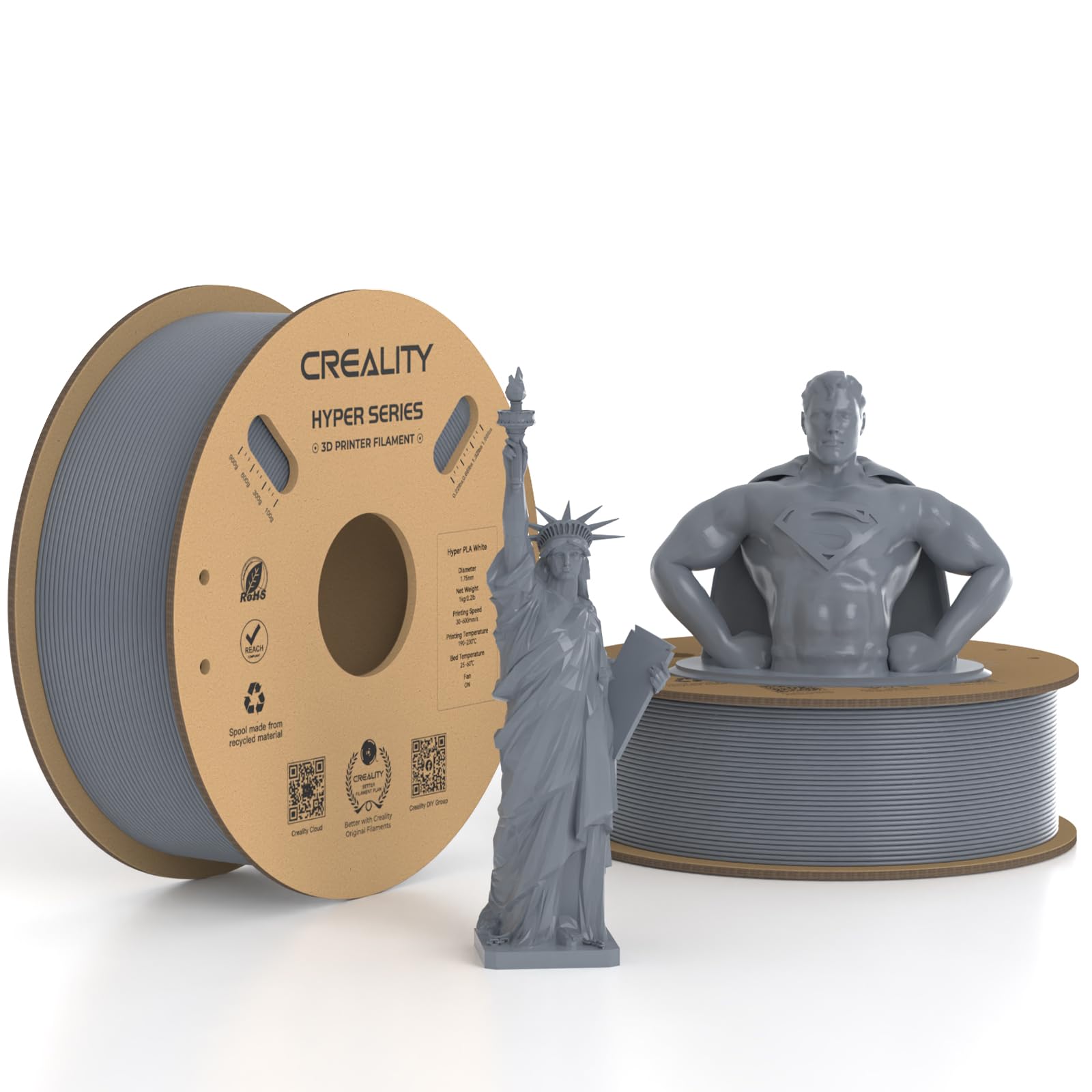 Photo 1 of Creality Hyper PLA Filament 1.75mm Grey & Grey 2KG, 30-600mm/s High Speed PLA 3D Printer Filament, 2 Pack 1kg Spool(2.2lbs) PLA, Dimensional Accuracy +/-0.02mm, Fit Most FDM 3D Printer