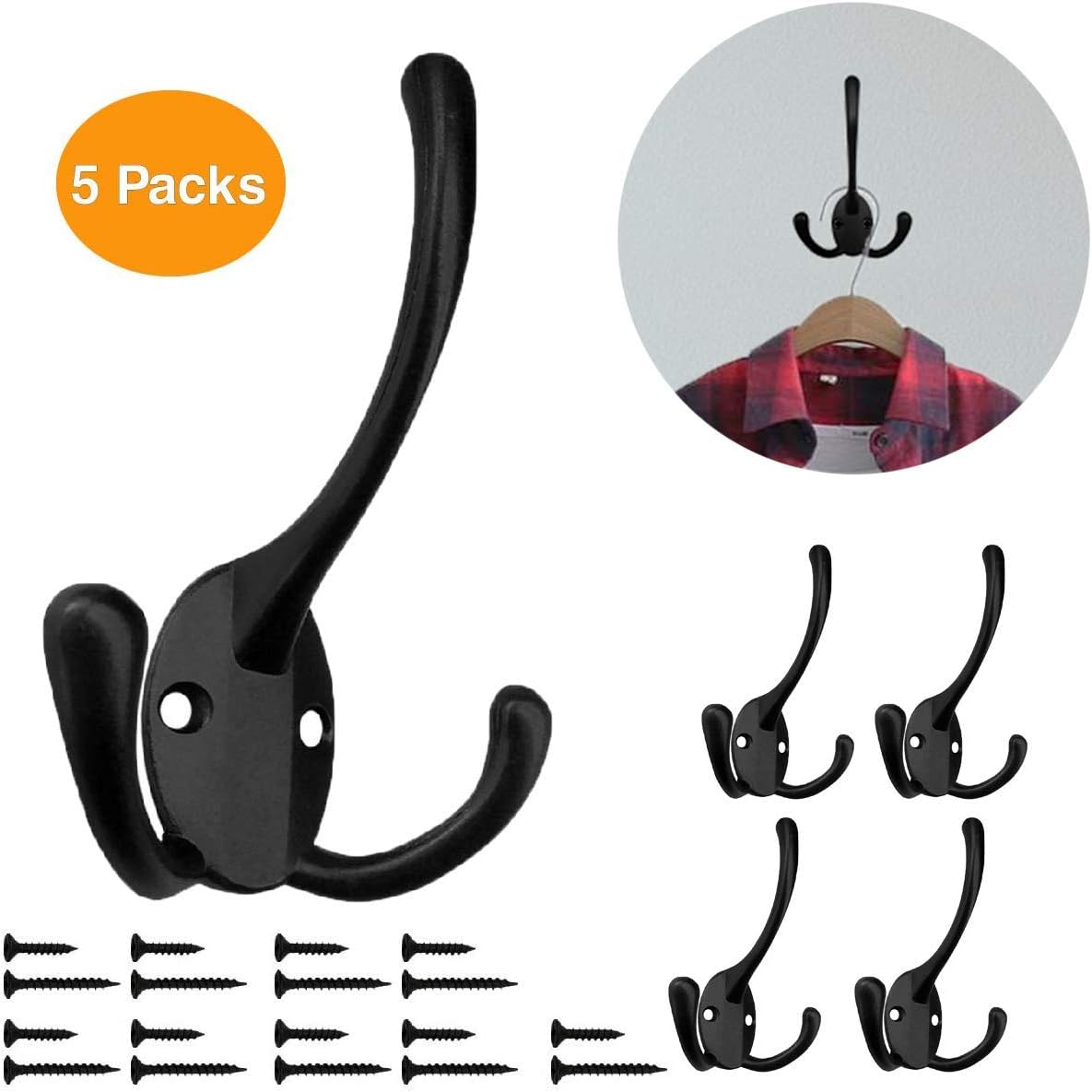 Wall Mounted Coat Hooks 5 Pack Heavy Duty Black Hardware Robe Hooks Decorative for Single Hanging Coats Towel Cubicle Classroom Kitchen Bath Backpack Hat Hook: Home Improvement