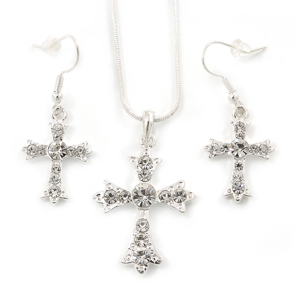 Avalaya Clear Crystal Cross Pendant with Silver Tone Snake Chain and Drop Earrings Set/ 42cm L/ 5cm Ext
