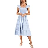 Rooscier Women's Square Neck Smocked Ruffle Sleeveless Tiered A Line Sundress Midi Dress