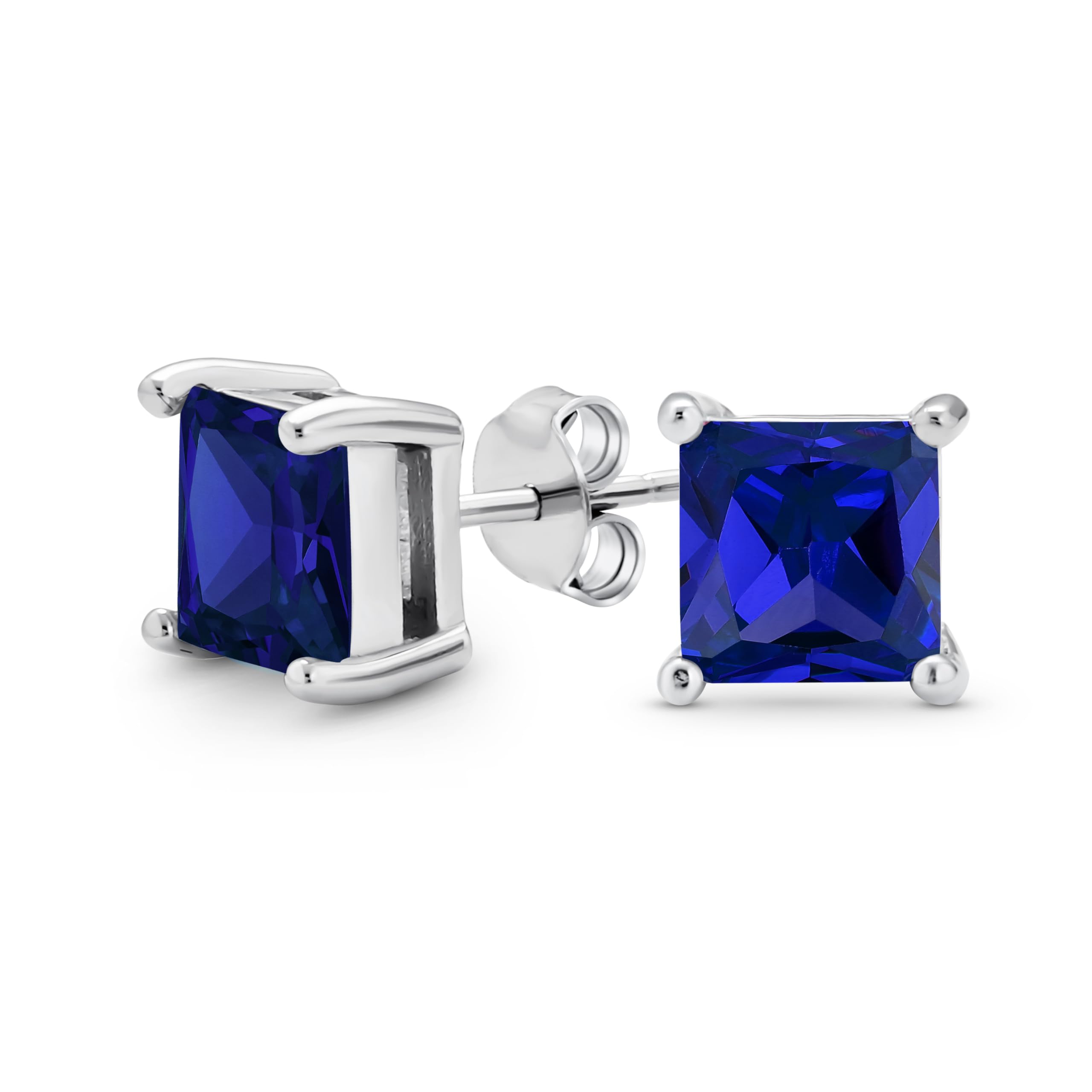 Royal Blue Square Cubic Zirconia Brilliant Princess Cut AAA CZ Stud Earrings .925 Sterling Silver Simulated Sapphire — image 1