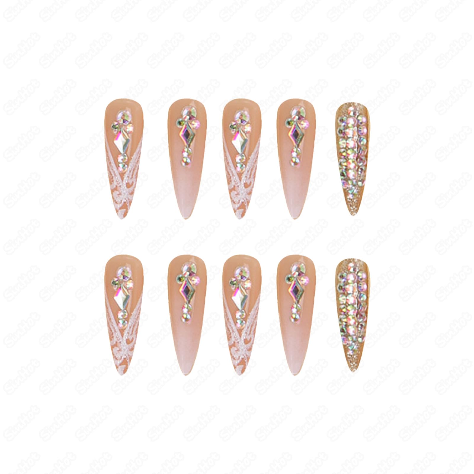 SINHOT Stiletto Press on Nails Long Fake Nails Glossy Glue on Nails Luxury Rhinestones Acrylic Nails White Bling Glitter Almond Artificial Nails Stick on False Nails with Design 24pcs - Image 5