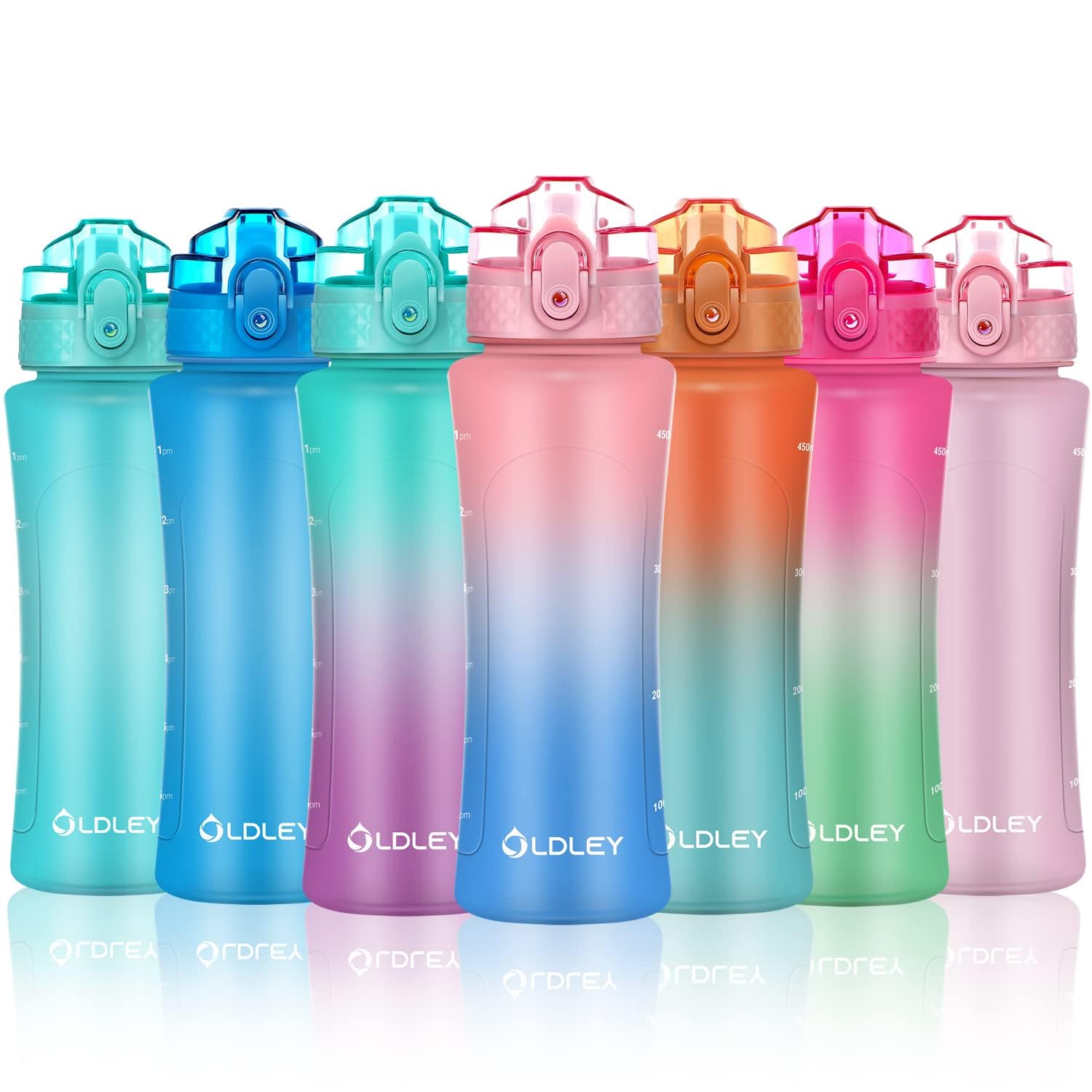 OLDLEY 450ml/15oz Water Bottle with Straw Reusable Drink Bottles with Times Markings for School Home Camping Outdoor Sports BPA Free Leakproof Durable