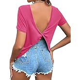 Zuoyouzi Women's Twist Backless Short Sleeve T Shirts Tops Round Neck Curved Hem Casual Workout Tee T-Shirts