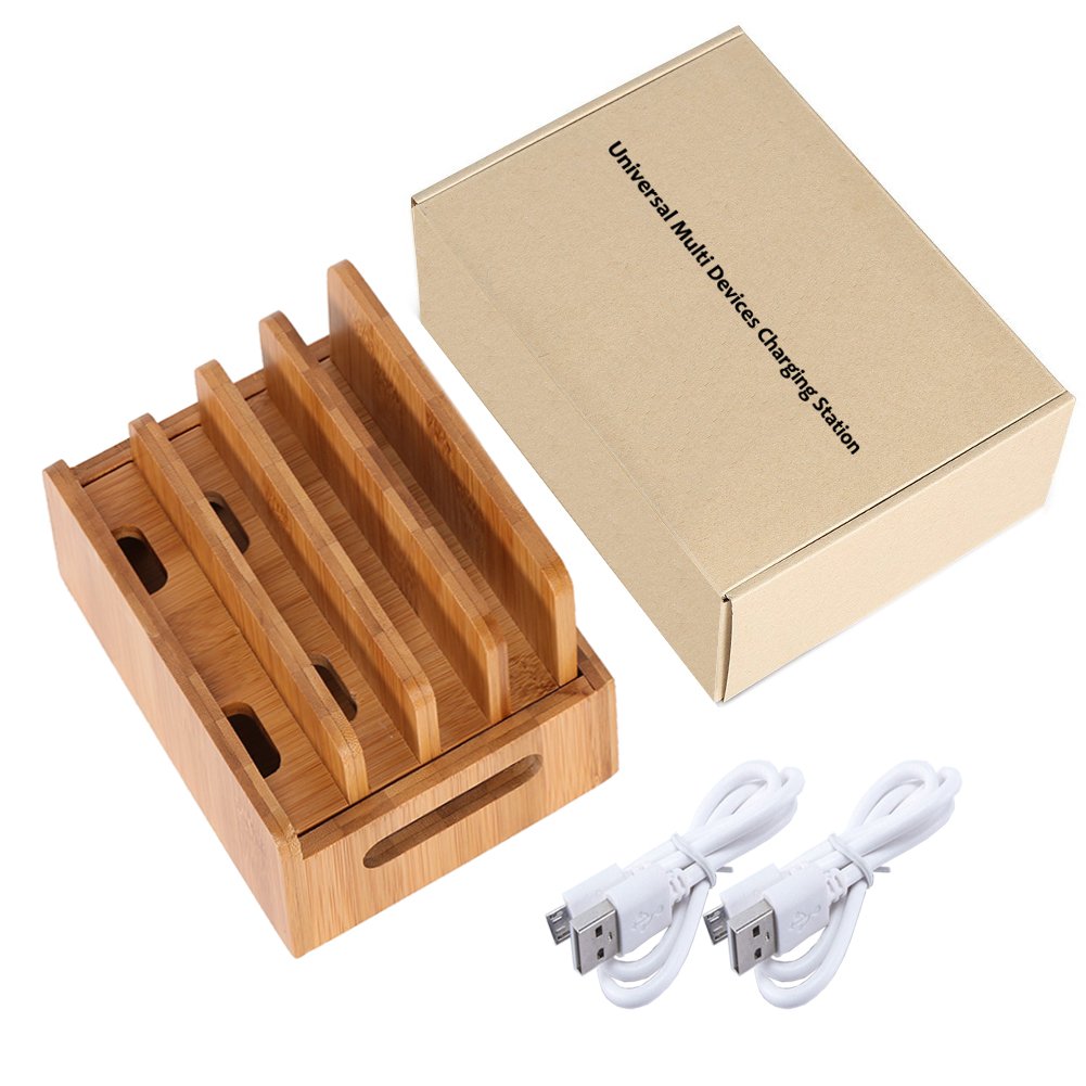 LENPOW Natural Bamboo Universal Charging Station Dock Stand Multi-device Organizer for Phones Pad Tablets Laptops - Strong Build ,Eco-Friendly