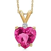 Gem Stone King 14K Yellow Gold Pink Created Sapphire and Lab Grown Diamond Pendant Necklace for Women | 1.84 Cttw | Gemstone September Birthstone | Heart Shape 8MM | With 18 Inch Chain