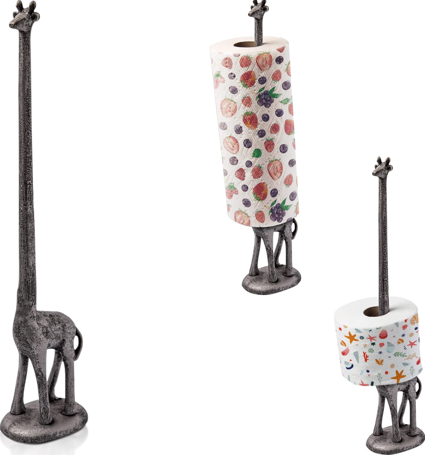 Photo 1 of Giraffe Paper Towel Holder for Kitchen or Decorative Toilet Paper Stand for Bathroom - Unique Antique, Vintage, Whimsical Animal Design Roll Dispenser for Home Decor - Silver with Black