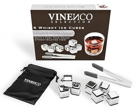 VINENCO Whisky Steine Ice Cubes 8er Set + Stoffbeutel 8 Wiederverwendbare Edelstahl Kühlsteine | Whiskey Rocks Eissteine Cool