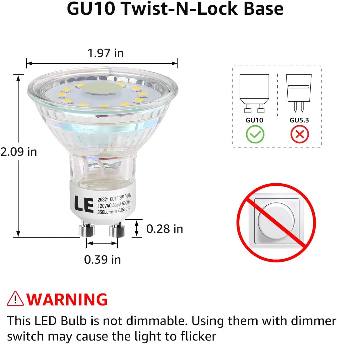 LE GU10 LED Light Bulbs, 50W Halogen Equivalent, Non Dimmable, 5000K Daylight White Natural Light, LED Bulb Replacement for Recessed Track Lighting, 3W 350lm 120° Flood Beam Angle, Pack of 6 - - 