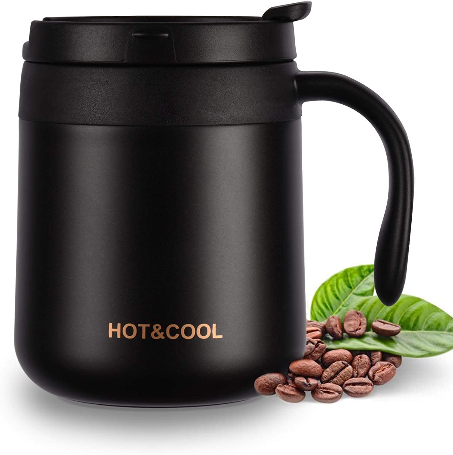 camako Insulated Coffee Mug with Lid, Double Wall Stainless Steel Thermal Mug for Cold & Hot Drinks, Stainless Steel Reusable Coffee Cup(Black 350ML)