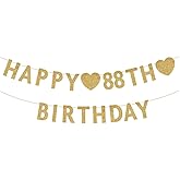 Gold Happy 88th Birthday Banner, Glitter 88 Years Old Woman or Man Party Decorations, Supplies