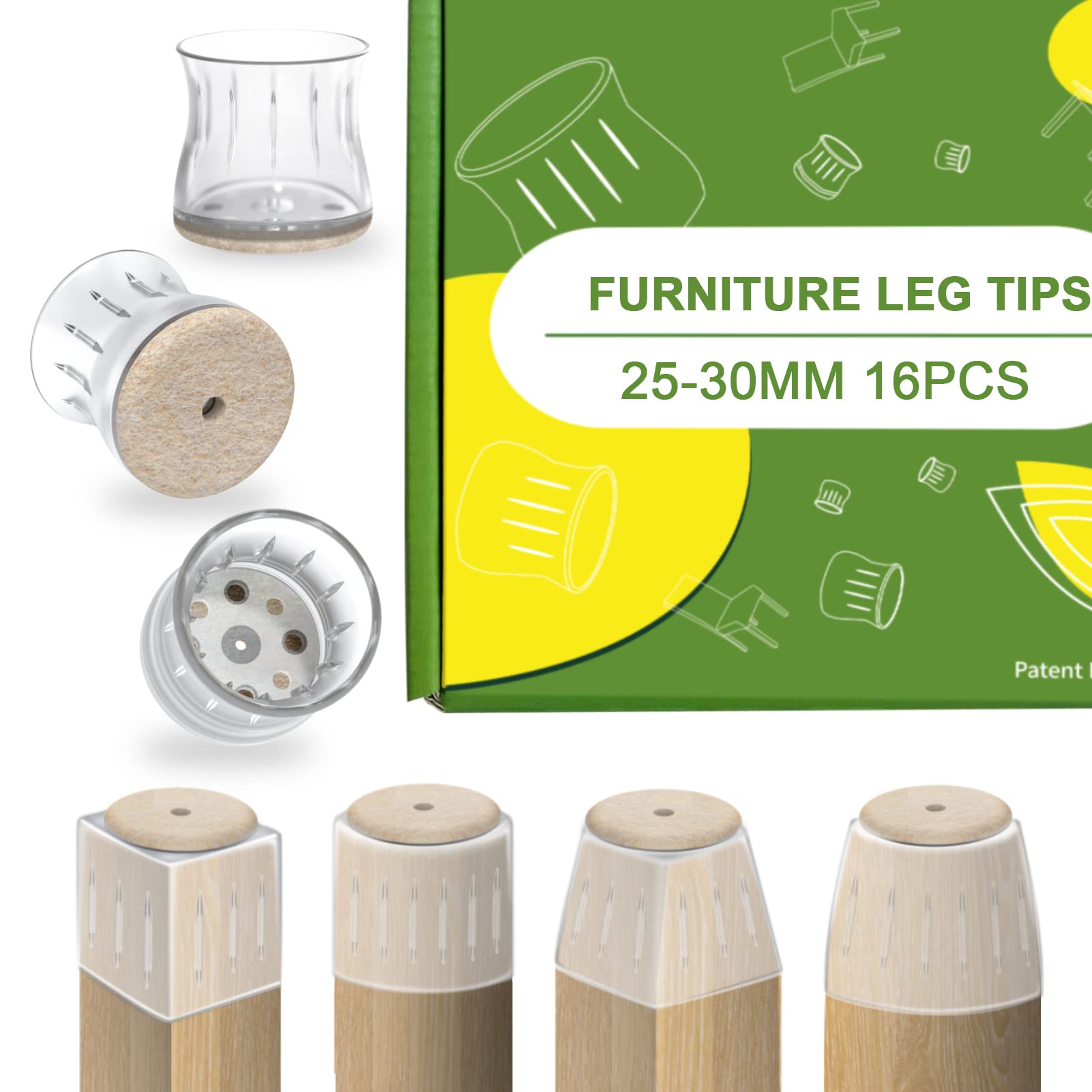 COVERCORNER 16pcs Patent Chair Leg with Metal Sheets High Transparency Furniture Feet Protection with Felt Pads Round 1'' to 1-1/5''