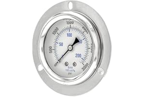 PIC GAUGES PIC Gauge PRO-204L-254P Glycerin Filled Industrial Front Flanged Panel Mount Pressure Gauge with Stainless Steel Case, Brass Internals, Plastic Lens, 2-1/2" Dial Size, 1/4" Male NPT, 0/3000 psi