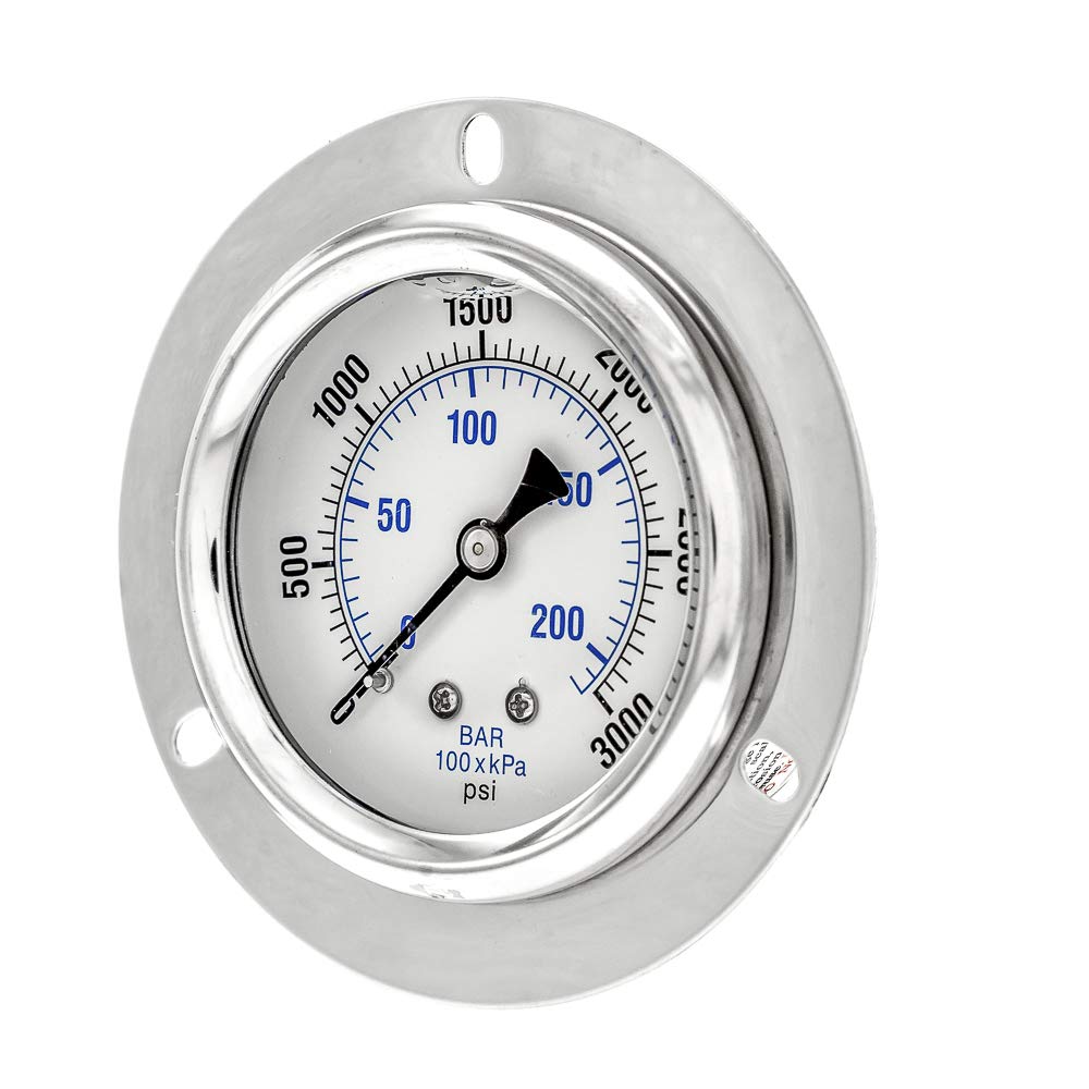 PIC Gauge PRO-204L-254P Glycerin Filled Industrial Front Flanged Panel Mount Pressure Gauge with Stainless Steel Case, Brass Internals, Plastic Lens, 2-1/2" Dial Size, 1/4" Male NPT, 0/3000 psi