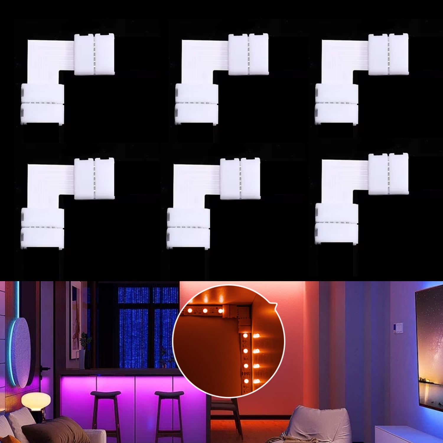 ENQIMAOYI 6 Pack L Shape RGBWW LED Strip Light Connector for 6-pin 12 mm Wide RGB CCT LED Indoor String Lights Extending Connection