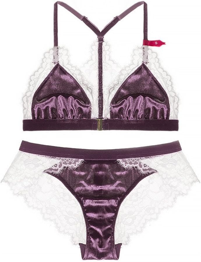 MY AGLAIA Velvet Lace T Back Triangle Bra Panty Set Lingerie Front Fastening