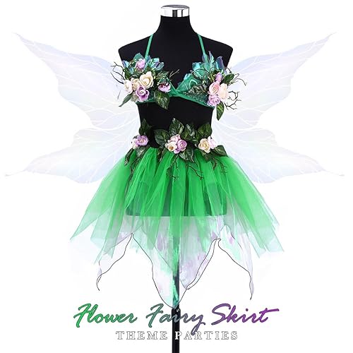 Kakaco Women Green Fairy Costume Halloween Tulle Tutu Skirt Flower
