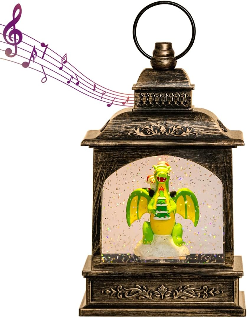 Snow Globes - GOOSH Christmas Snow Globe Lantern with LED Swirling Water Glitter Retro Dinosaur Xmas Musical Lantern Decoration 6H Timer for Christmas Home Décor and Gifts