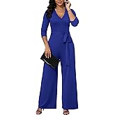 FANDEE Jumpsuit for Women|High Waisted Wide Leg Pant with Belt 3/4 Sleeve V Neck Casual Romper with Pocket