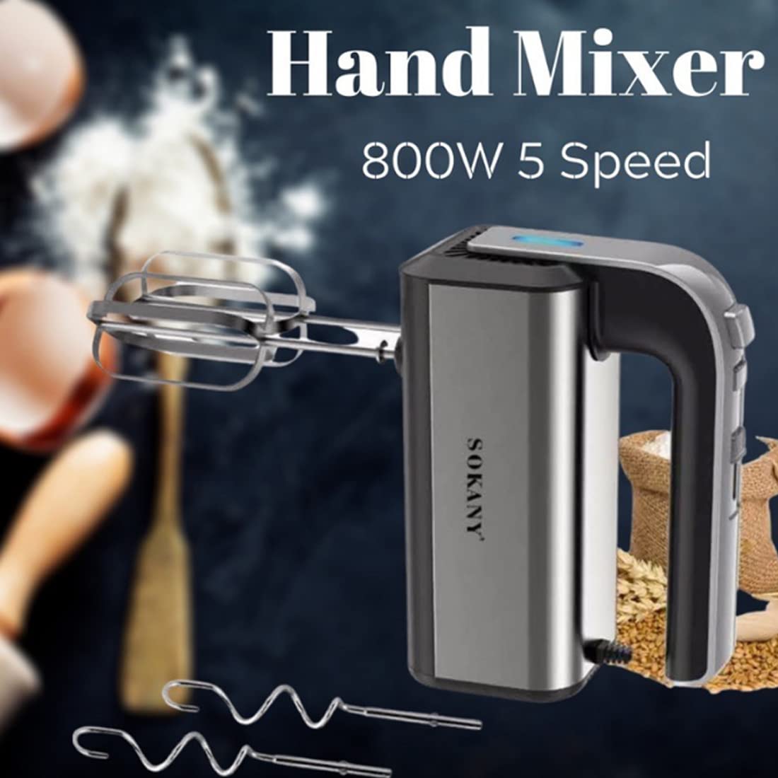 SOKANY 800W Handrührgerät Edelstahlkneter Handmixer, 5 Geschwindigkeiten mit Exit-Taste, Handrührer mit 2 Knethaken & 2 Rührbesen (CX-6651) 2