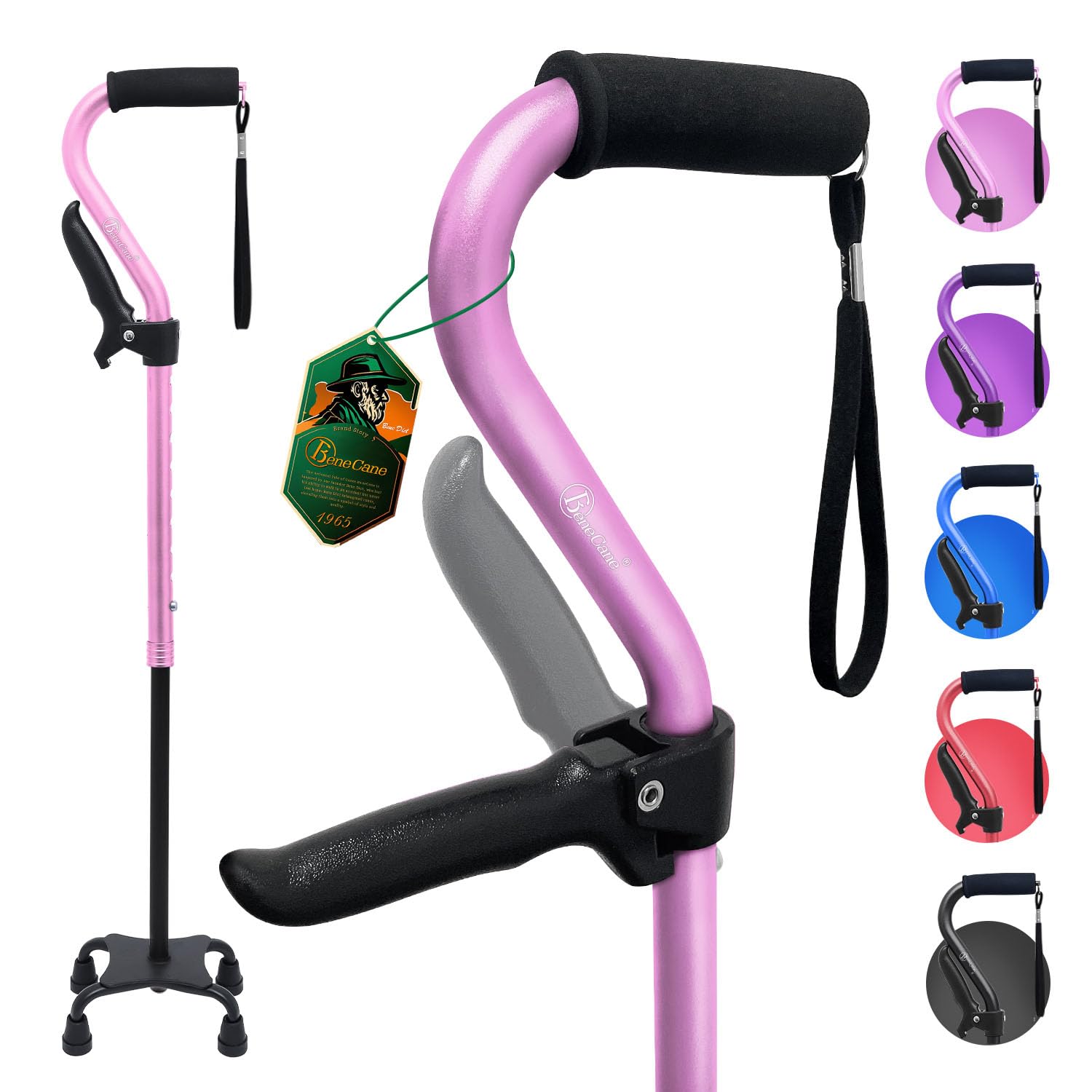 BeneCane Quad Stick with Second Handle Adjustable Walking Stick with Offset Soft Cushioned Handle for Men & Women Lightweight Comfortable with 4-Pronged Feet for Stability