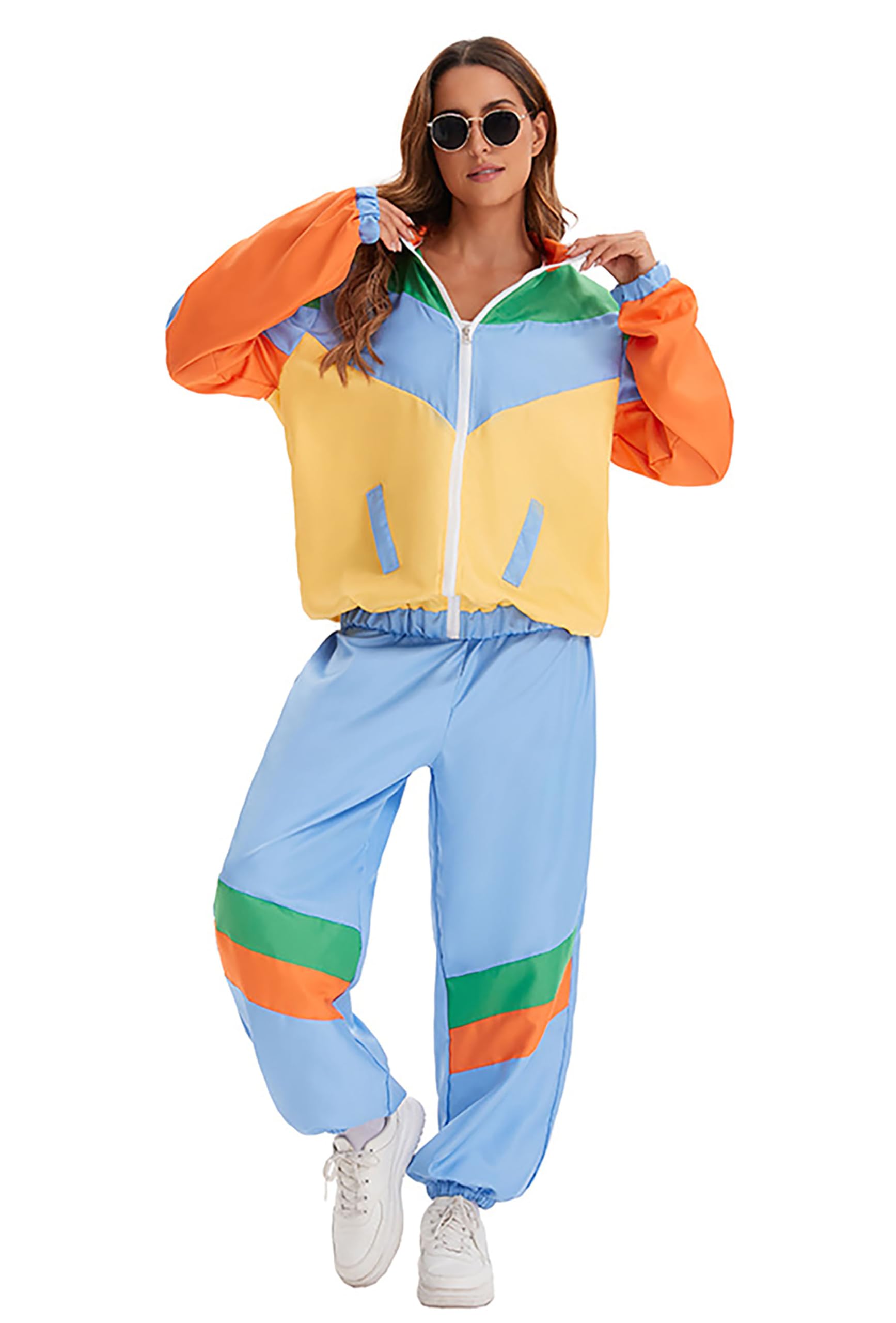 Velcoxplay Ladies 80s Retro 80s Tracksuit 1990s Fancy Dress Costume, blue / yellow, L